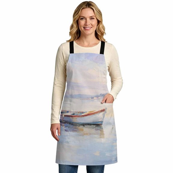 Wooden Rowboats Kitchen Aprons for Women with 2 Pockets, 35"x47" Coastal Blue Ocean Sky Nautical Oil Painting Texture CrossBack Adjustable Straps Cooking Aprons, Bib Apron for Baking Gardening