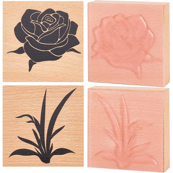 Wooden Rubber Stamp 2pcs Rose & Grass Plant Decorative Wood Stamps Vintage Wood Mounted Rubber Stamps for DIY Card Making DIY Art Crafts Scrapbooking Journal Diary Letter Planner