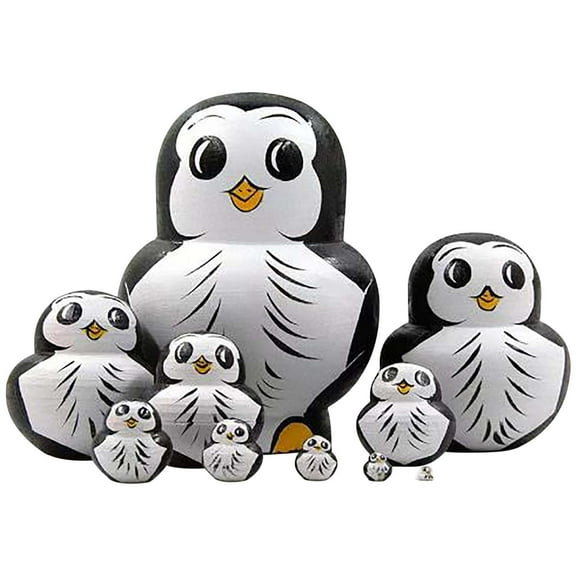 Wooden Russian Nesting Dolls 10 Piece Penguin Design Hand Painted Stacking Toy