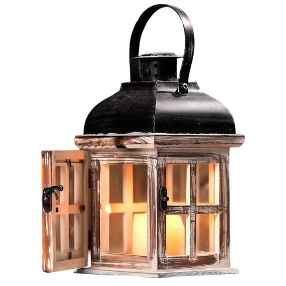 Wooden Rustic Candle Lantern, Farmhouse Decor, 4.5 x 4.5 x 8.3 in/ 11.5 x 11.5 x 21 cm, Table Centerpiece, Black Iron and Wood Candle Holder, Hanging Lantern for Home Decor, Parties, and Weddings