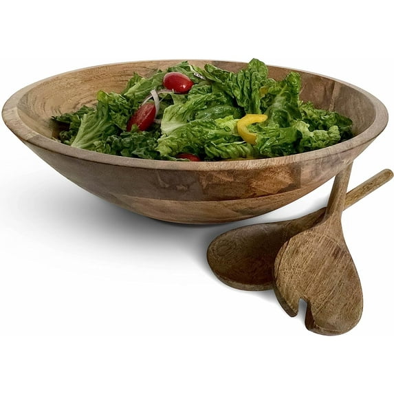 Wooden Salad Bowl Set - 15" Large Wooden Salad Bowl - Extra Large 15 Inch Rustic Mango Wood Bowl, Salad Servers Included