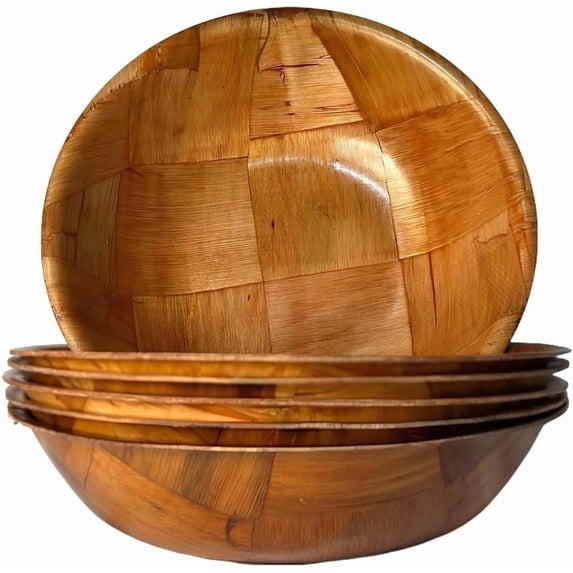 Wooden Salad Bowl Set - 8 Inch Large Serving Bowls, 6 Piece Woven Wood Mixing Set for Food and Kitchen