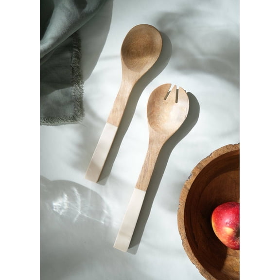 Wooden Salad Server Set with Marble Handle, Mango Wood Salad Serving Spoon & Fork Set, Natural Finish Kitchen Serving Utensils for Salad, Pasta & Dining Table