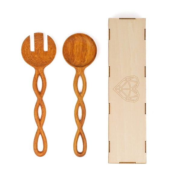 Wooden Salad Serving Spoons Set, 2-Piece Rustic Wood Kitchen Utensils for Tossing Salads