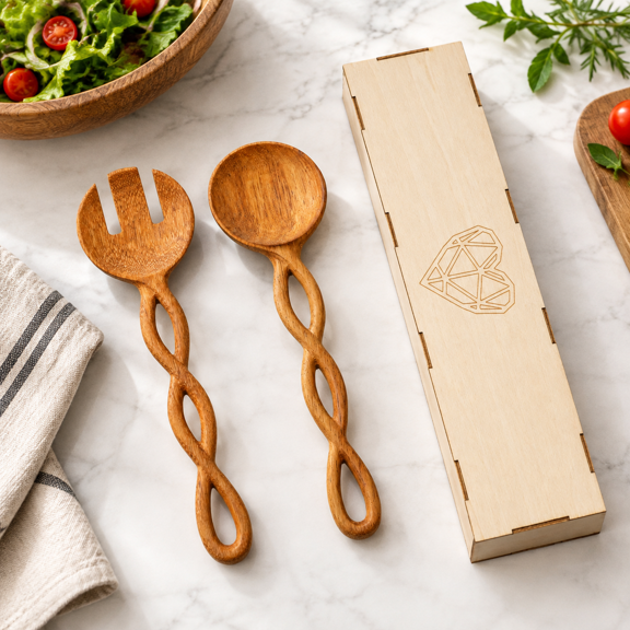 Wooden Salad Serving Spoons Set, Twisted Handle Salad Utensils for Tossing and Serving, Rustic Kitchen Decor