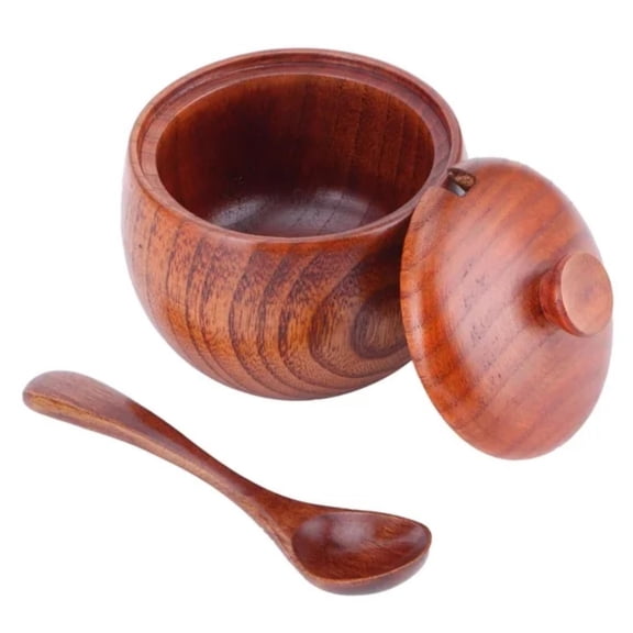 Wooden Salt Box with Lid and Spoon, Seasoning Pot Sugar Bowl Wood Salt and Spice Jar Box Salt Keeper for Kitchen Countertop Restaurant Use, Tea Container Holder