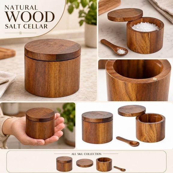 Wooden Salt Cellar, Kitchen Salt Box with Lid, Rustic Seasoning Container for Spices, Salt Storage Keeper, Bamboo Lid Organizer
