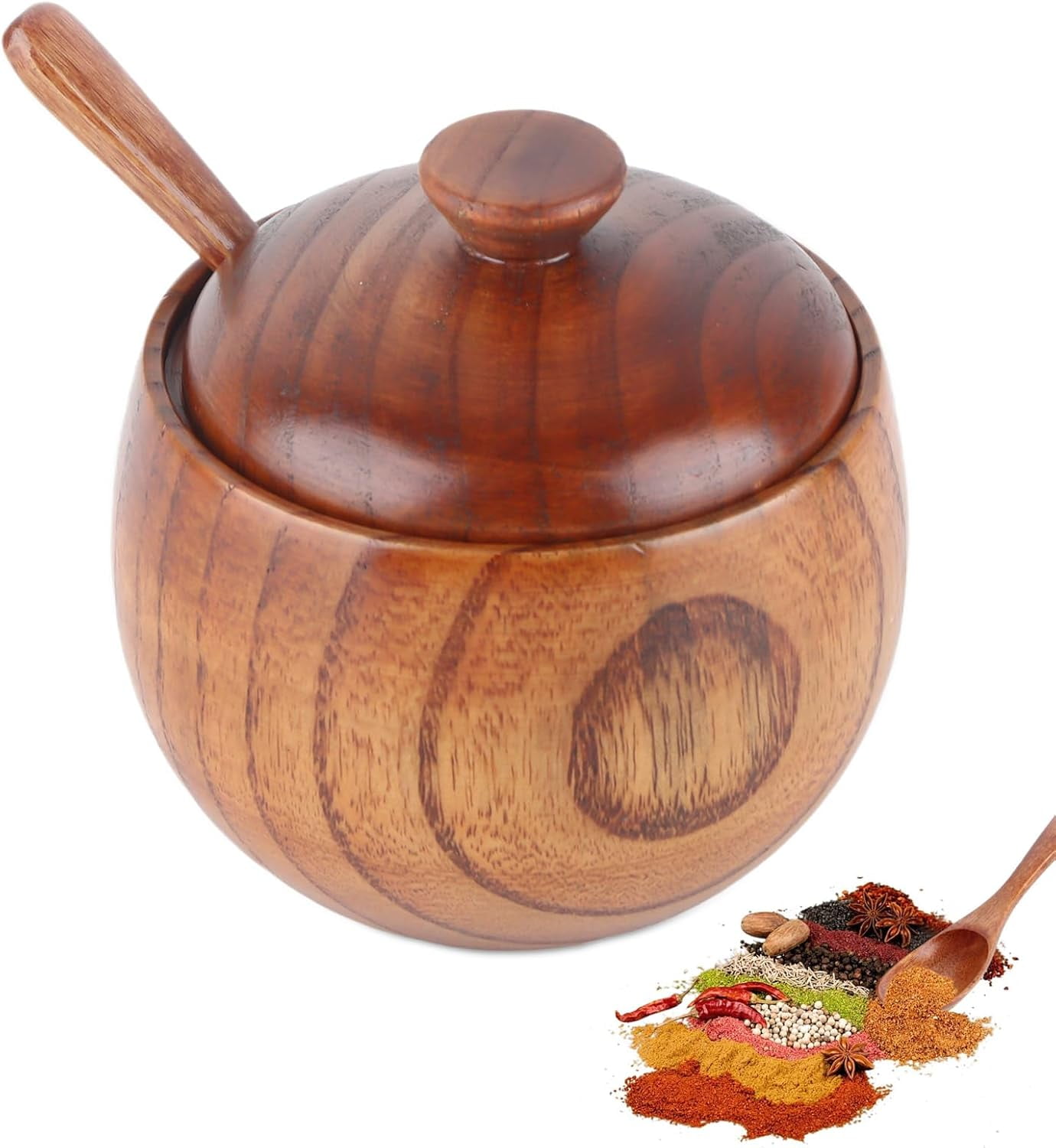 Natural Wooden Salt Cellar Box Spice Jar Sugar Bowl Pepper Seasoning Container Storage With Lid And Spoon Kitchen Tool Holder Keeper I.59672190