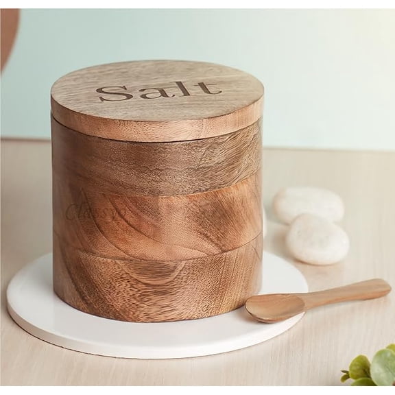 Wooden Salt Containers for Kitchen, Salt Jar for Kitchen with Wooden Spoon, Airtight Lid (5 Inch), 800ml