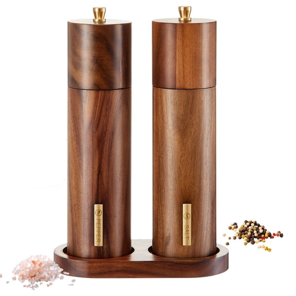 Wooden Salt and Pepper Grinder Set, 8 Inch Manual Salt and Pepper Mill with Tray Adjustable Coarseness Refillable Wood Grinders with Gold Bottle Label for Kitchen Home Gift