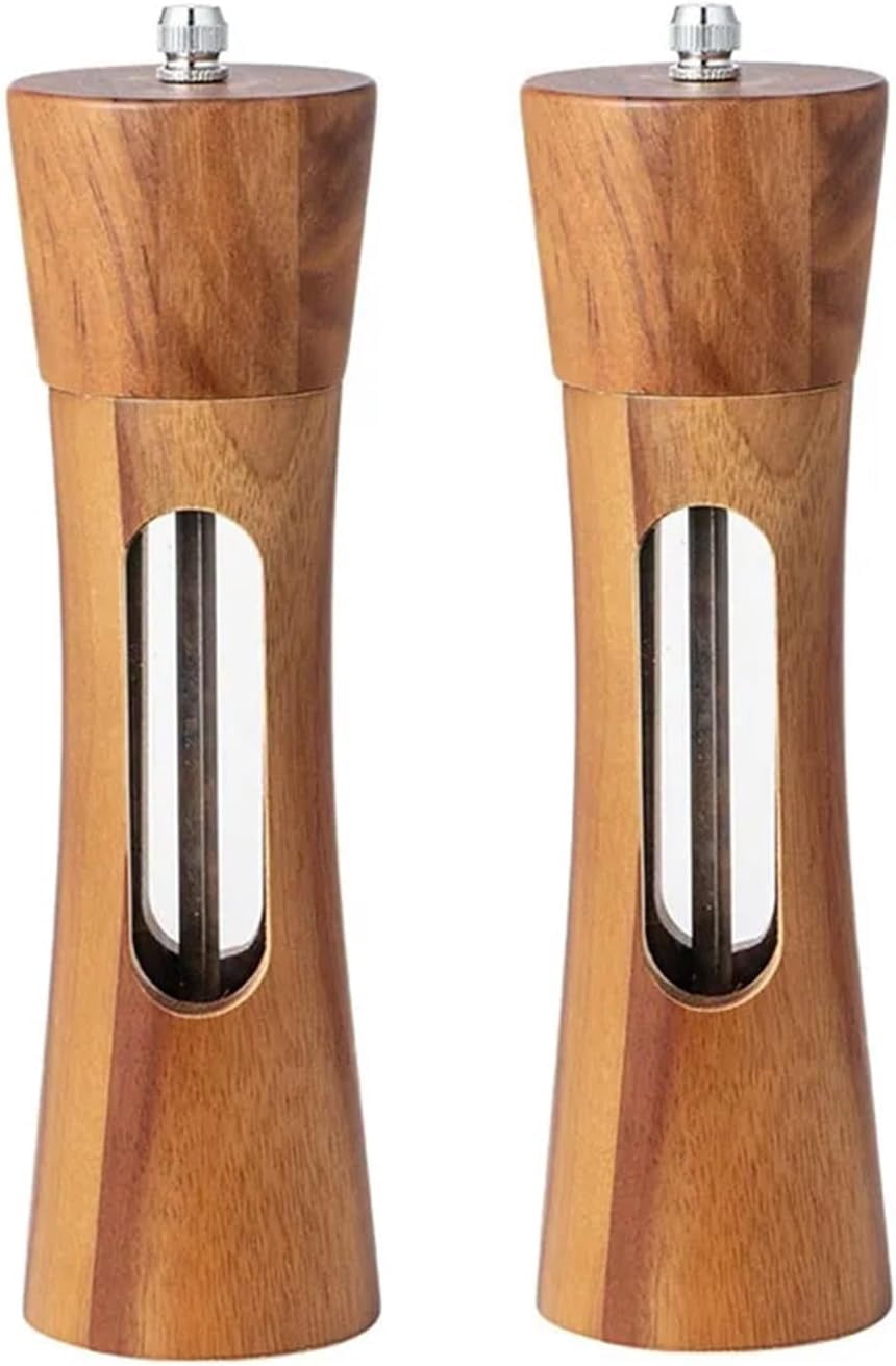 Wooden Salt and Pepper Grinder Set,Manual Pepper Mill Grinder,Salt and Pepper Grinder Set with Ceramic Core,Refillable Pepper Grinder with Acrylic Visible Window,Pepper Grinder For Seasoning,2 Pack