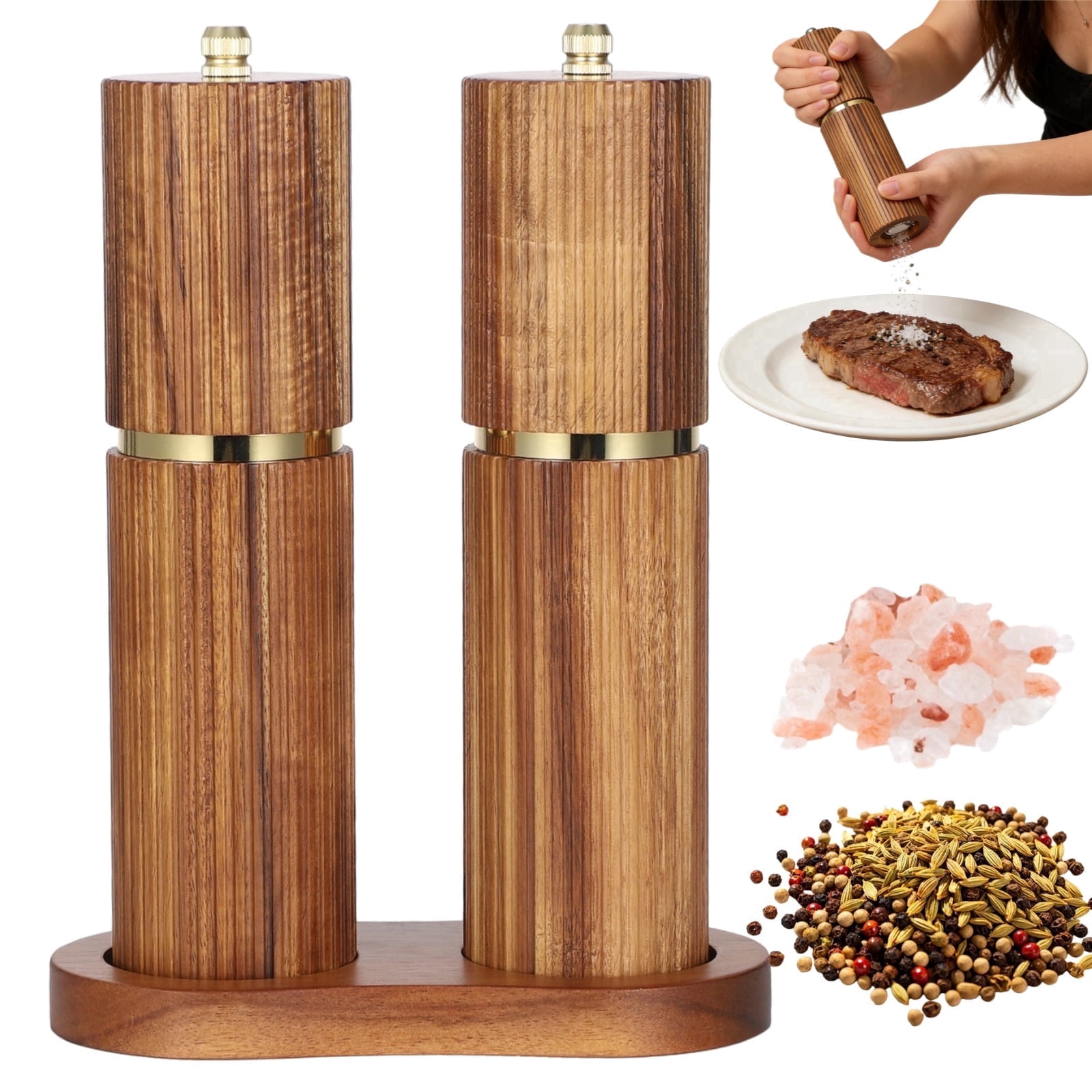 Wooden Salt and Pepper Grinder Set, Adjustable Manual Pepper Mill and Salt Grinder with Wood Tray, Refillable Natural Wood Seasoning Mills for Kitchen Dining Table