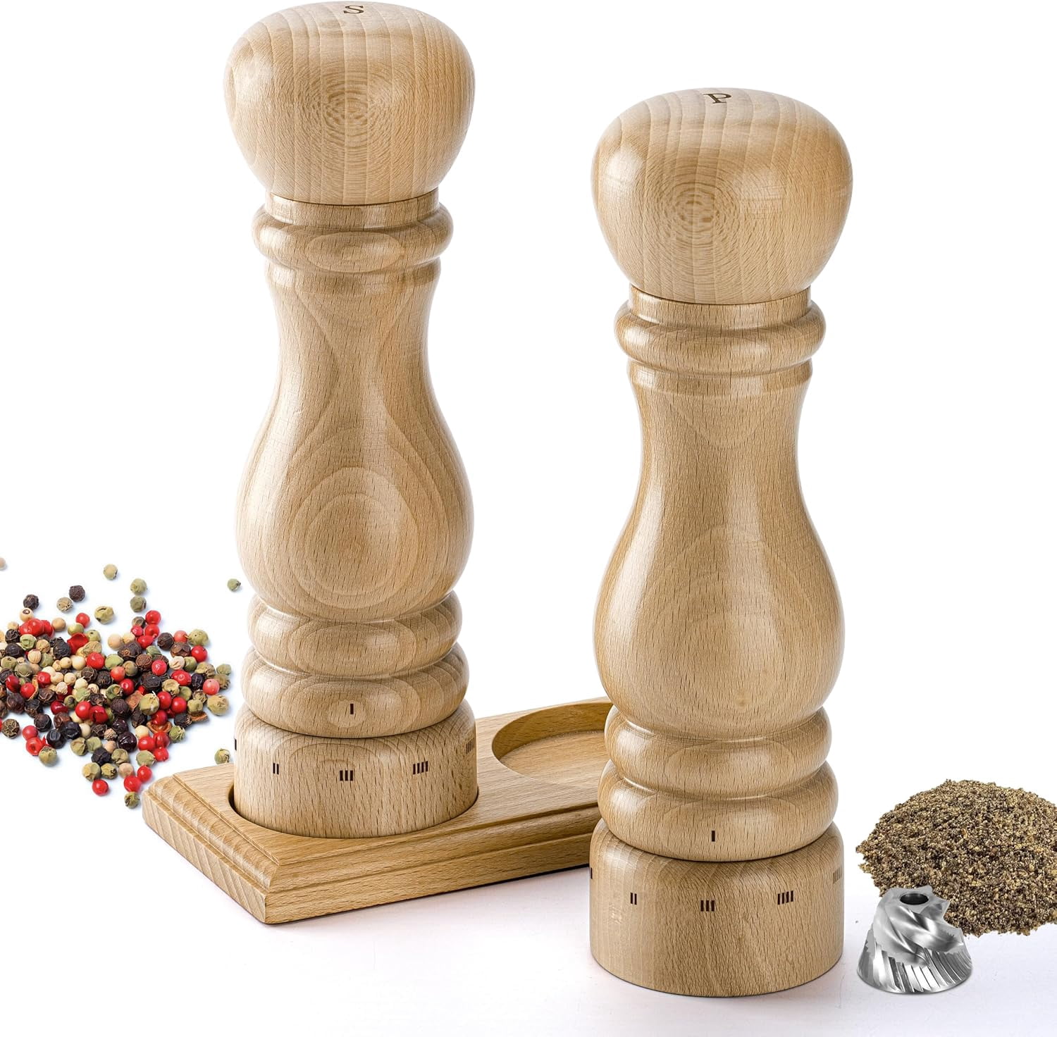 Wooden Salt and Pepper Grinder Set, Manual Salt and Pepper Mill with Ceramic/Stainless Steel Core, Refillable Salt Grinder with External Adjustable Coarseness, 9” Tall (Beech)