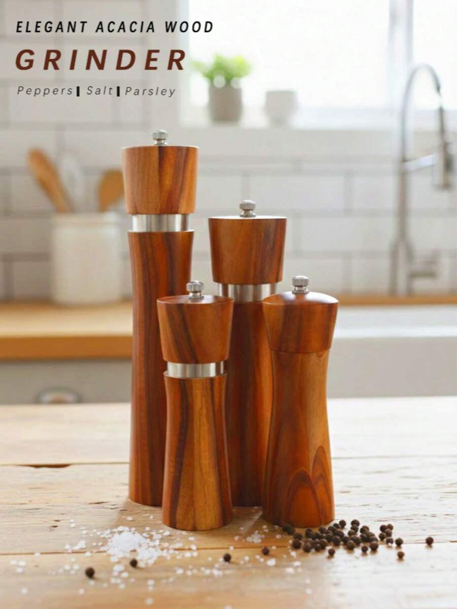 Wooden Salt & Pepper Grinder Set – Refillable Mills With Adjustable Coarseness, Solid Acacia Wood, Ceramic & Stainless Steel, Perfect For Kitchen And Dining