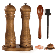 Wooden Salt and Pepper Grinder Set, Refillable Salt & Pepper Mill with Tray & Spoons, Adjustable Rubber Wood Salt & Pepper Shakers Holder with Ceramic Grinder