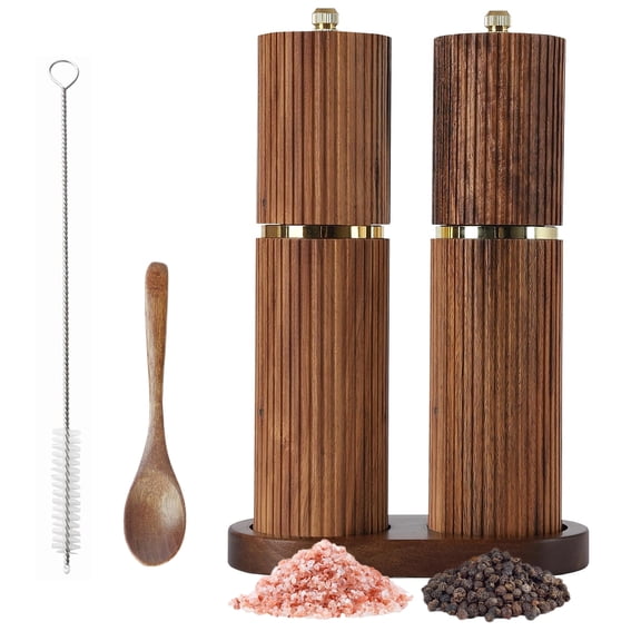 Wooden Salt and Pepper Grinder Set, 8 Inch Manual Salt & Pepper Mills with Tray, Spoon & Cleaning Brush, Refillable Salt and Pepper Shakers for Kitchen Table