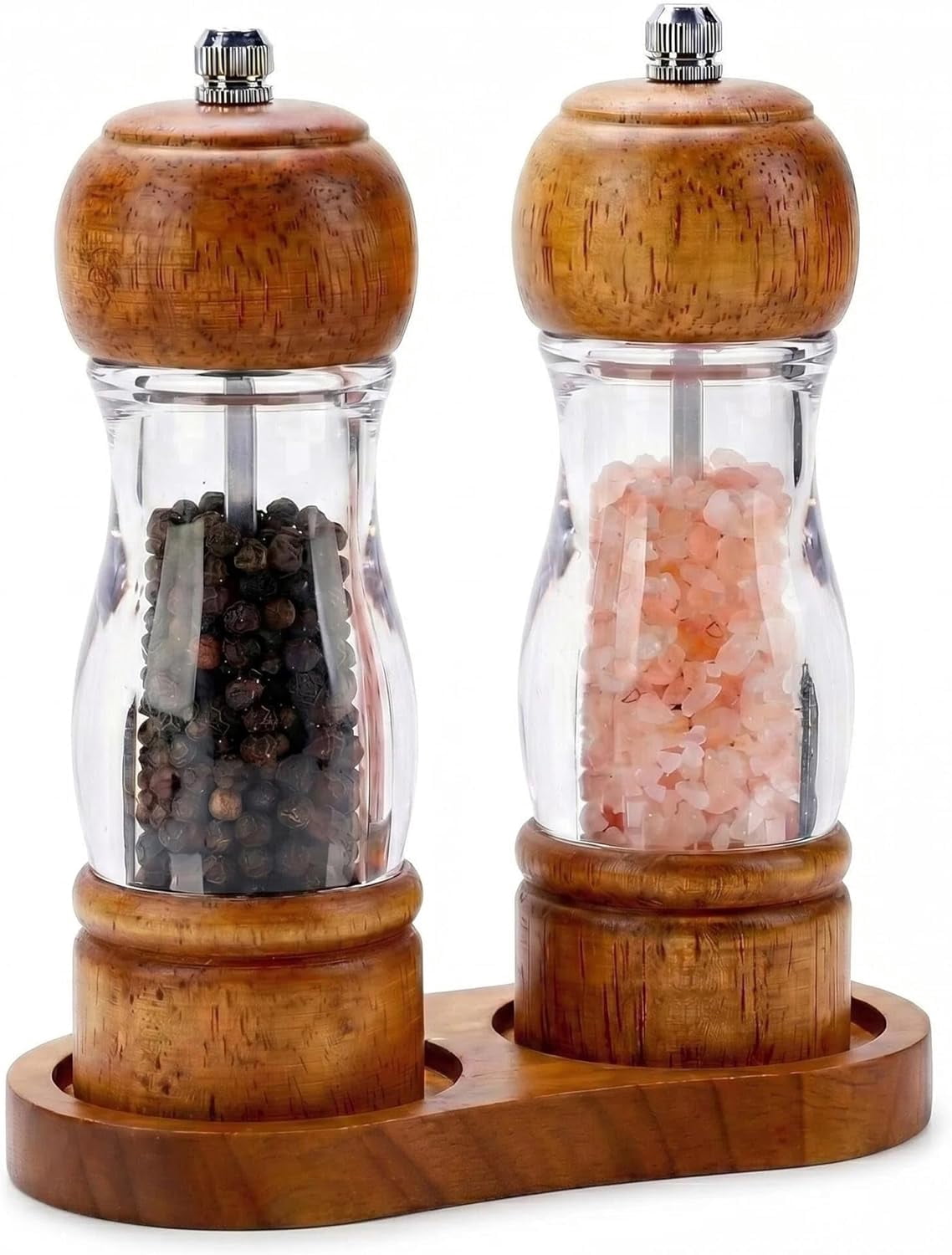 Wooden Salt and Pepper Grinder Set with Tray - 6.3 Inch Refillable Manual Pepper Mill & Sea Salt Grinder, Acrylic Window, Adjustable Ceramic Rotor for Peppercorns, House Warming Gifts