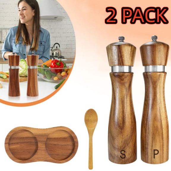 Wooden Salt and Pepper Grinder Set:Pepper Grinder Manual,Adjustable Coarseness, Along with Salt&Pepper Mill Tray,Spoon,8in,2pack