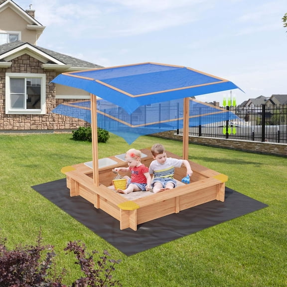 Wooden Sandbox with 2 Plastic Boxes, Outdoor Sand Box with Adjustable Canopy, Bottom Liner, Anti-Collision Design for Ages 3-8, Spacious Kids Sand Pit for Beach, Patio, Backyard(39x39in)