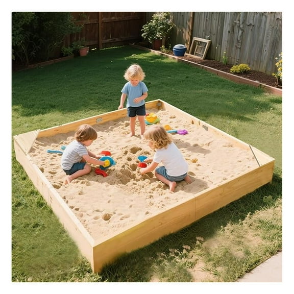 Wooden Sandbox, 71''x71''x8'' Large Sandbox w/Cover, Outdoor Sand Box for Kids Outdoor Play