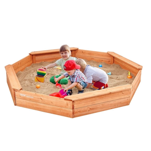Wooden Sandbox with Cover, 75.6 x 75.6 x 9.1 in Octagonal Sand Box, Sand Pit with 4 Seating and Bottom Liner, Kids Sandbox for Outdoor Backyard, Beach, Park, Gift for Boys Girls Ages 3-12