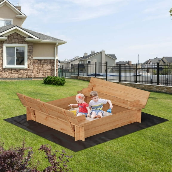 Wooden Sandbox with Cover/Lid, Sand Box with 2 Bench Seats and Bottom Liner, Outdoor Sand Pit for Kids/Toddlers/Childrens, Perfect for Beach/Backyard/Patio Outdoor Play