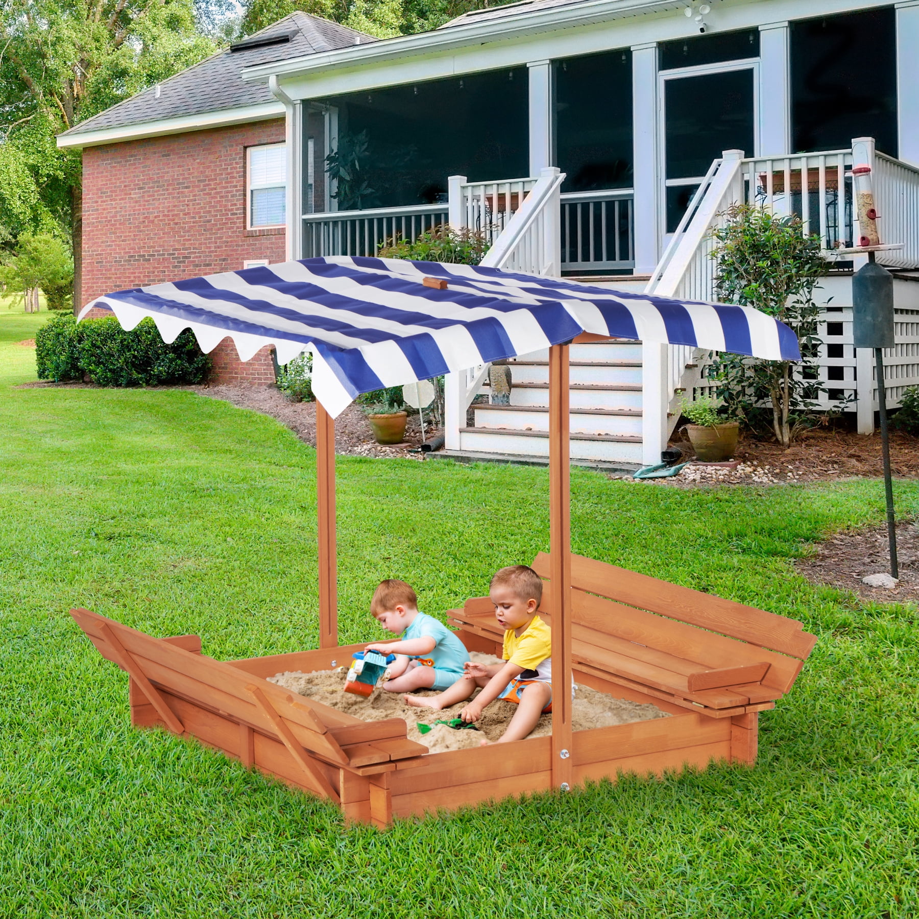 Best Choice Products Kids Wooden Cabana Sandbox With Canopy & Benches - Outdoor Backyard Play Station