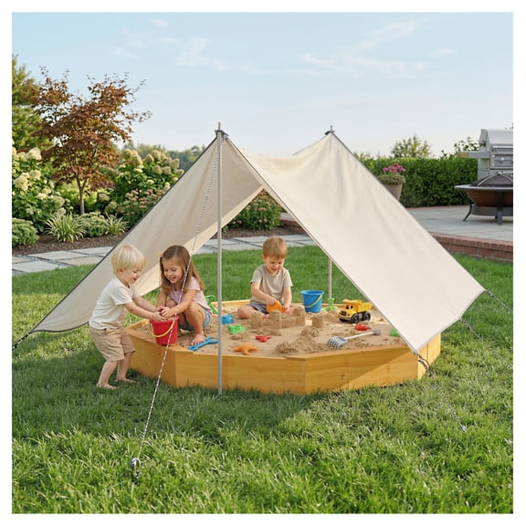 Wooden Sandbox with Canopy and 4 Bench Seats, Large Outdoor Sand Box for 8 Kids, Yellow, Bottom Liner Included