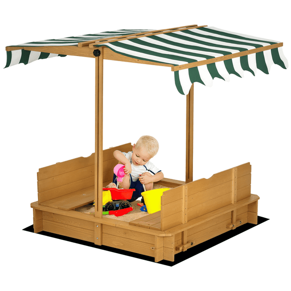 Wooden Sandbox with Canopy and Bench Seats, Convertible Design with Bottom Liner, Natural Green Outdoor Play Area