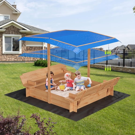Wooden Sandbox with Lid & Cover Adjustable Height & Rotatable Canopy, 2 Bench Seats, Bottom Liner, Spacious Sand Pit for Ages 3-8 47x47 in