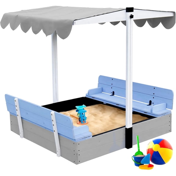 Wooden Sandbox with Lid, Sand Box for Kids Sand Pit with Cover, 2 Foldable Bench with Canopy Adjustable Roof Bottom Liner, Blue