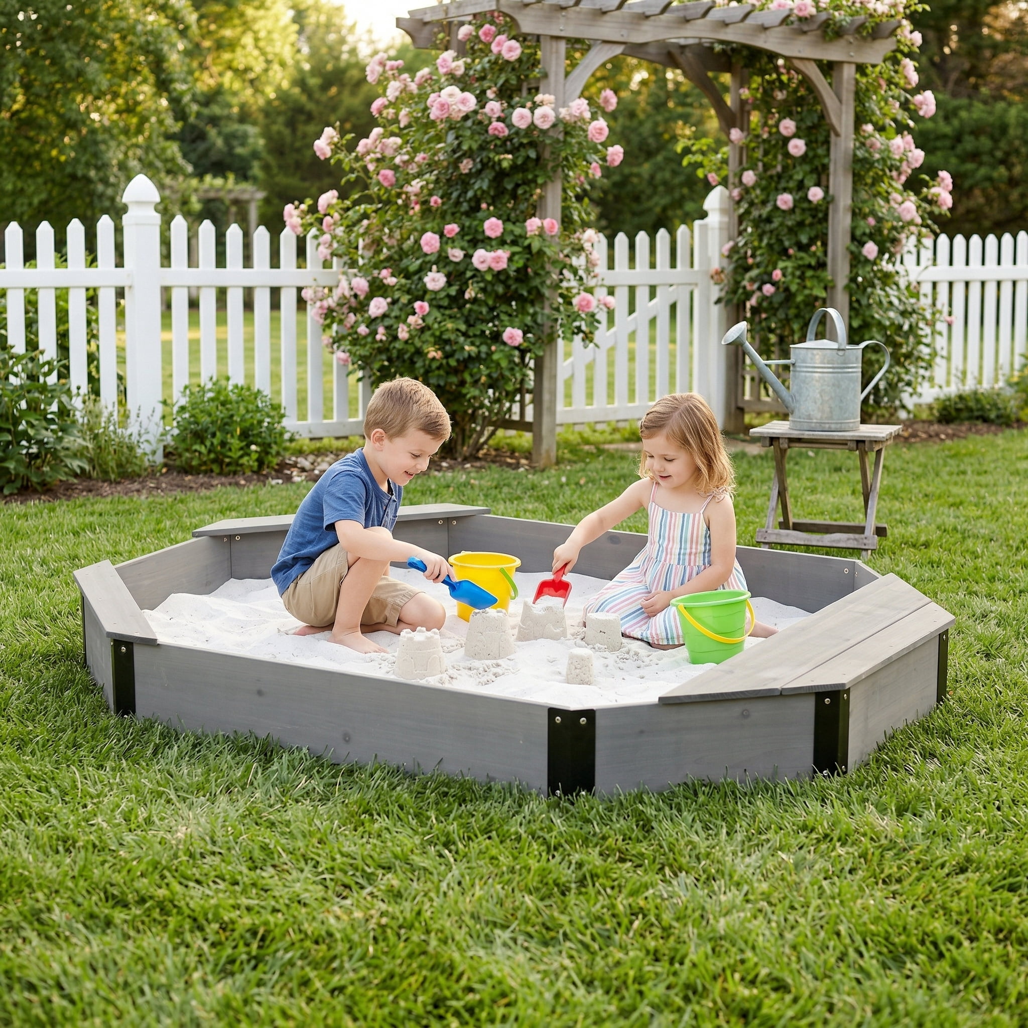 Wooden Sandbox with Storage, Kids Outdoor Sandpit with Cover and Liner, Solid Wood Play Sandbox with Bench for Backyard Patio Garden