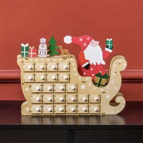 Wooden Santa Sleigh Christmas Advent Calendar 24-Day Countdown with Festive Decor (Nutcracker Tree & Reindeer Accents)
