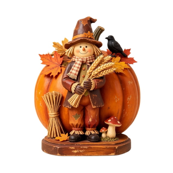 Wooden Scarecrow and Pumpkin Figurine with Harvest Wheat and Crow Accents, 1 Piece, Rustic Brown and Orange, for Farmhouse Tabletop, Fall Halloween Decoration