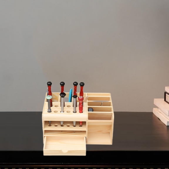 Wooden Screwdriver Storage Box with Drawer, Desktop Organizer Rack for Phone Repair Tools