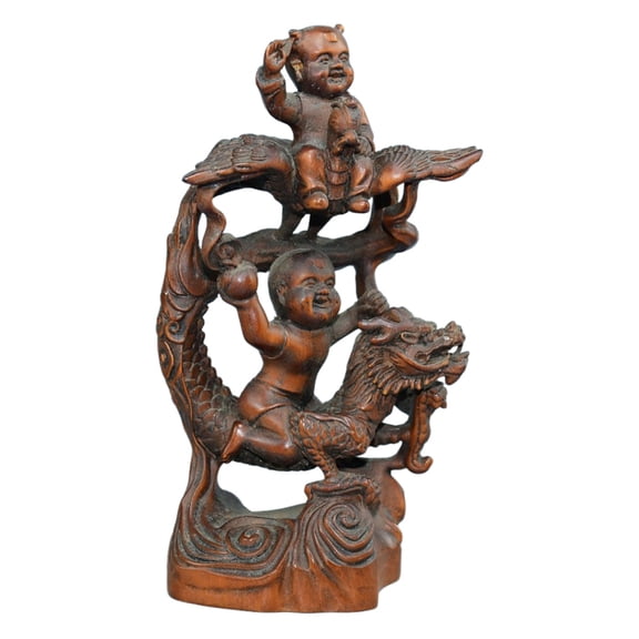 Wooden Sculpture Decor Carved Chinese Dragon Phoenix Child Figurine Traditional Home Auspiciousness Blessing Prosperity Harmony