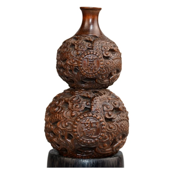 Wooden Sculpture Decor Carved Gourd Dragon Pendant Auspicious Prosperity Fortune Luck Success Blessing Longevity Protection