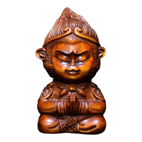 Wooden Sculpture Decor Carved Meditating Zen Figurine Monkey King Courage Wisdom Calm Enlightenment Transcendence Resilience