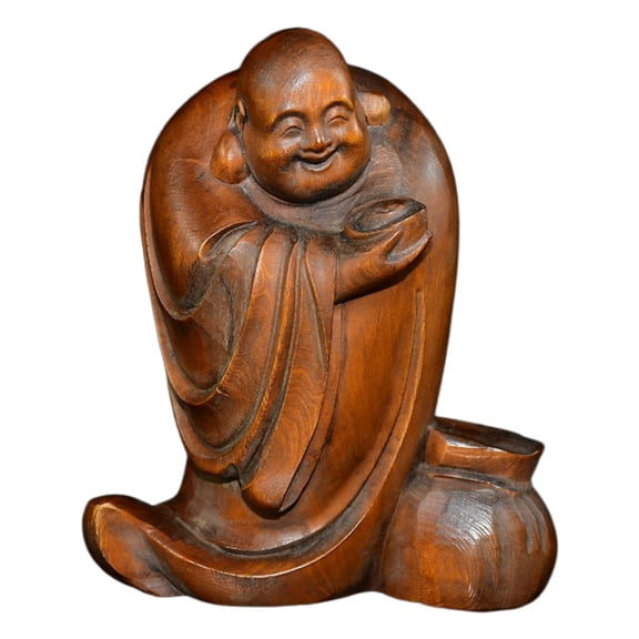 Wooden Sculpture Decor Handcarved Laughing Buddha Budai Statue Chinese Ingot Joy Prosperity Fortune Abundance Blessing Harmony