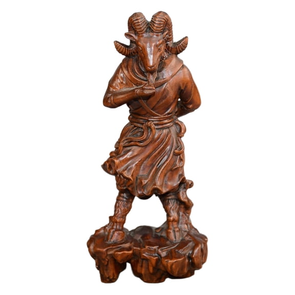 Wooden Sculpture Figurine Carved Mythical Goat Creature Chinese Auspicious Blessing Prosperity Harmony Serenity Grace Fortune