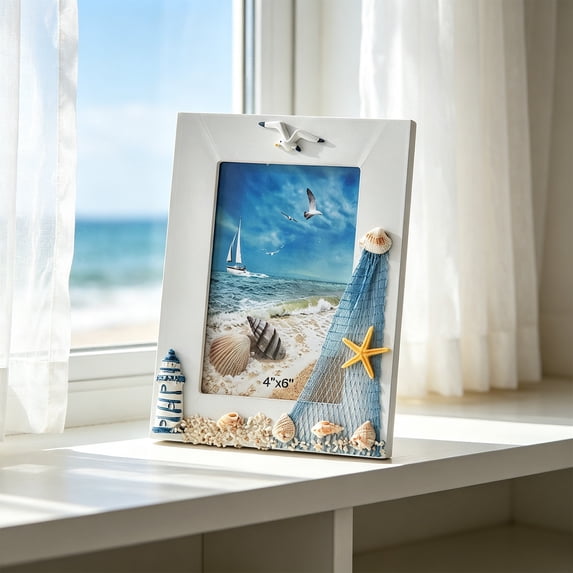 Wooden Sea Theme Photo Frame with Shell, Fish and Starfish Shapes, Desktop Display Stand for Beach Decor and Vacation Homes Multicolor