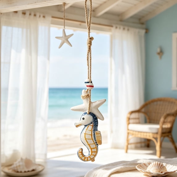 Qjidjing Wooden Sea Themed Wall Hanging Pendants, Mediterranean Style Wall Art Ornaments, for Indoor Living Room Bathroom, Beach Lovers C