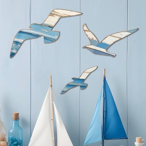 Wooden Seagull Wall Decor Nautical Theme Beach Coastal Art Adhesive Seagull Sea Birds Wall Decor Sculpture Vintage Ornaments for Home Bathroom