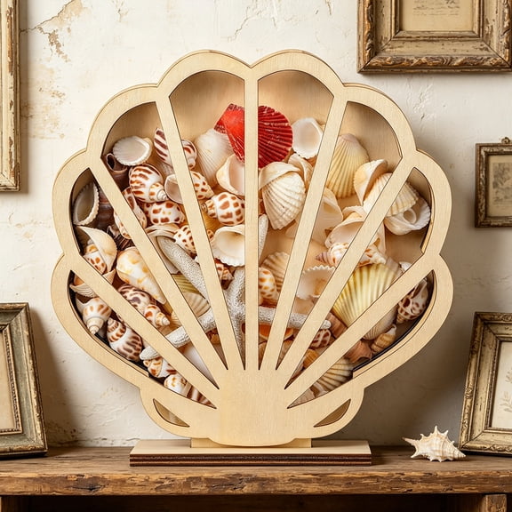Wooden Seashell Display Box,Decorative Collection Storage Case,Transparent Window Keepsake Organizer,Desktop Seashell Holder,Freestanding Wooden Ornament Box,Beach Inspired Storage Decor