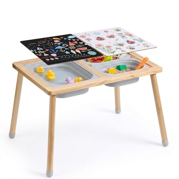 Wooden Sensory Table for Toddlers, Kids Activity Table with 3 Foldable Storage Bins & Double-Sided Board, Indoor Outdoor Play Sand and Water Table for Drawing Studying Dining