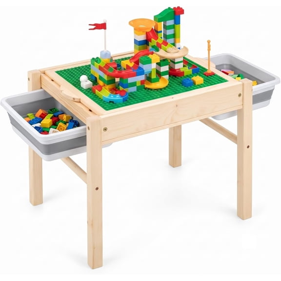 Wooden Sensory Table for Ages 3-6, Reversible Building Block Activity Table with 2 Pull-Out Storage Bins for Sand, Water, Crafts and Indoor Play