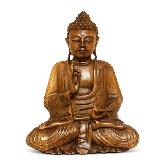 Wooden Serene Sitting Buddha "Vitarka Mudra" Statue Handmade Meditating Sculpture Figurine Home Decor Accent Handcrafted Art Modern Oriental Decor Size: 12" tall x 10" wide x 5" deep