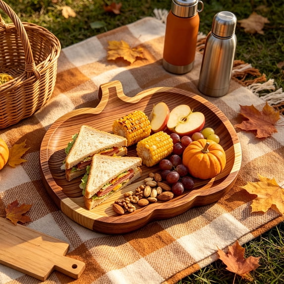 Wooden Serving Tray 11 Inch Round Decorative Tray for Coffee Table Ottoman Food Display, Natural Solid Wood Platter for Dining Room Kitchen Home Decor