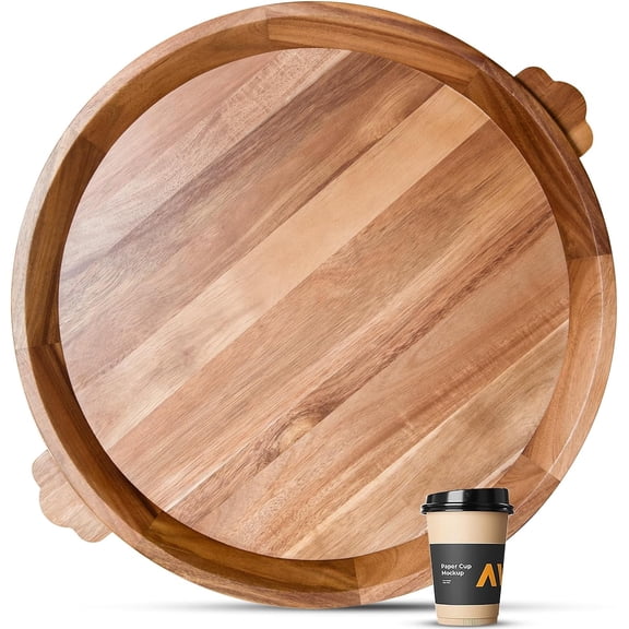 Wooden Serving Tray, 20" Round Wood Ottoman Tray Decorative Tray Charcuterie Board for Party, Breakfast, Lunch, Dinner, Appetizers, Patio, Ottoman, BBQ