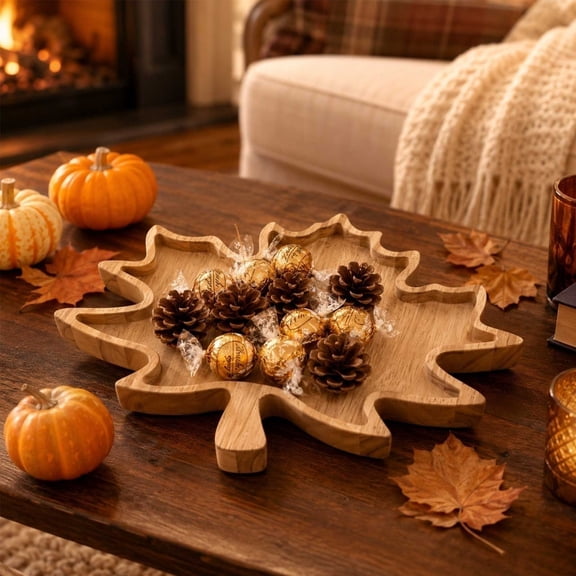 Wooden Serving Tray Maple Leaf Shape, Fall Thanksgiving Party Snack Appetizer Dessert Platter, Rustic Home Kitchen Decor